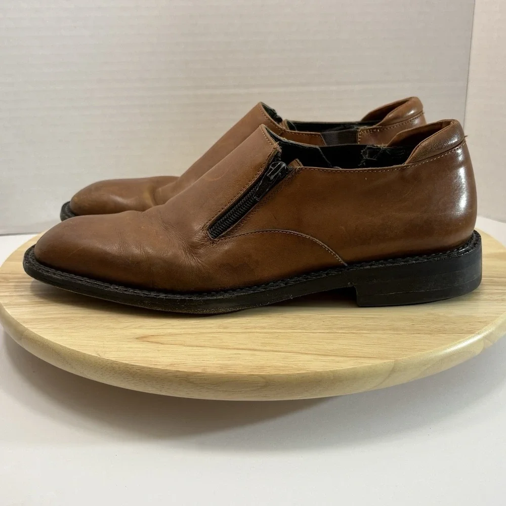 Mens Karl 120 Leather Zip Slip-On Dress Shoes Size 10 M Vibram Soles Tan Brown